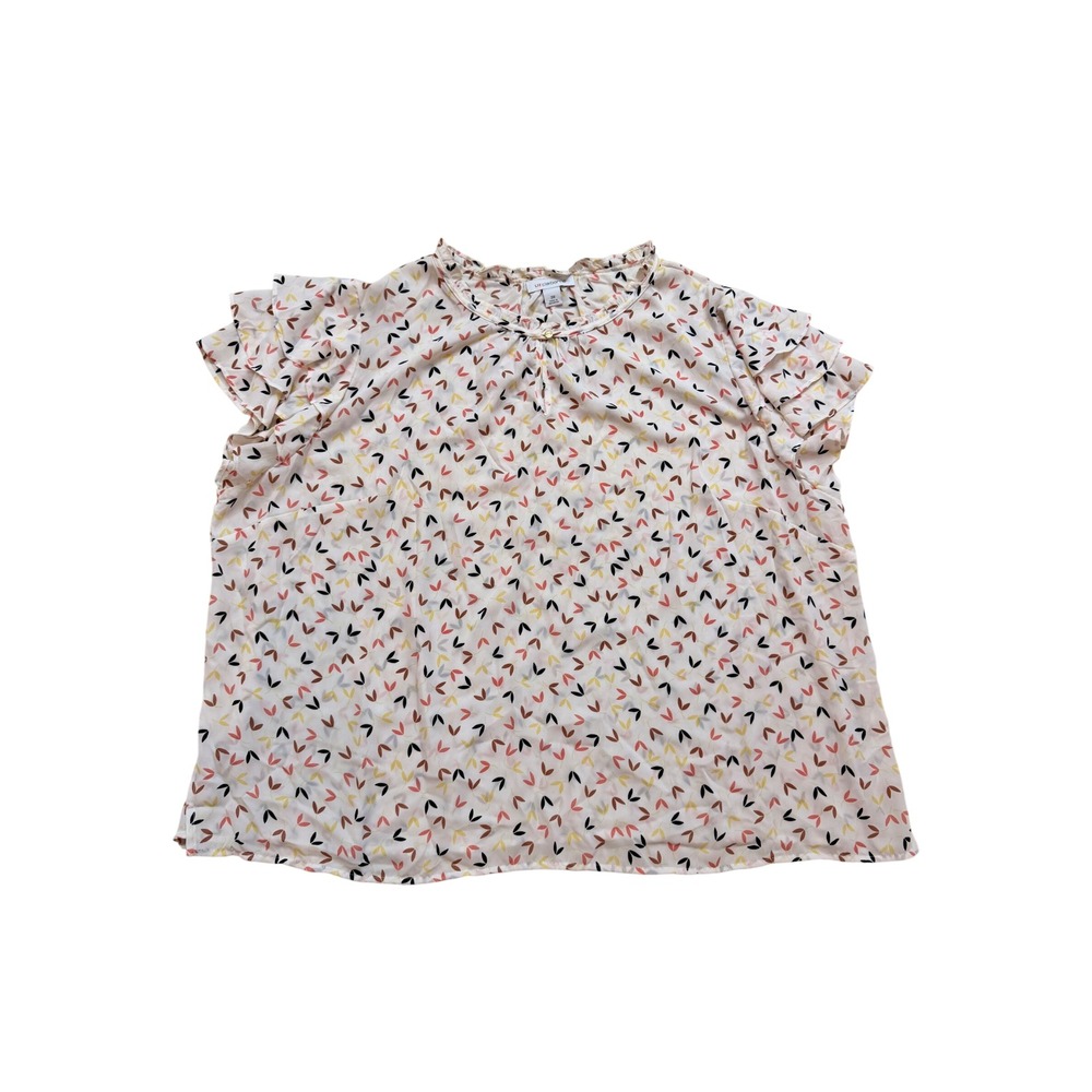 Liz Claiborne Women 3X Blouse Ruffle Sleeve Leaf Print Keyhole Neck Cream Multi